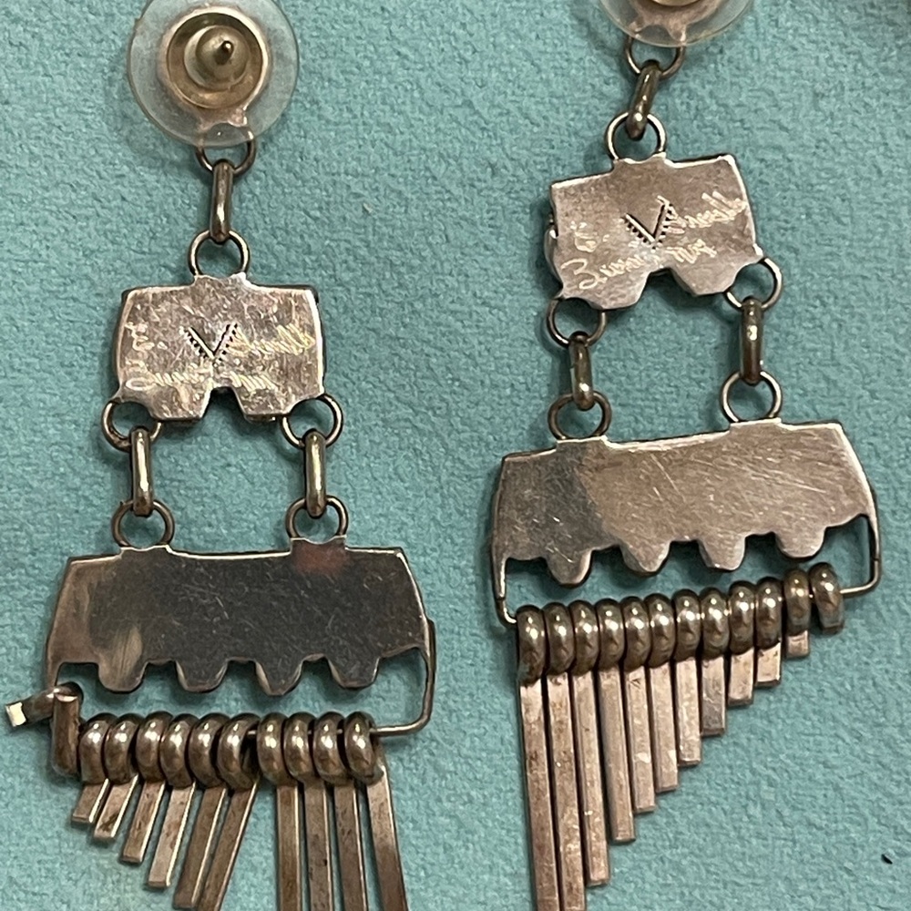 Signed Zuni Turquoise & Sterling Silver Earrings - Picture 2 of 3